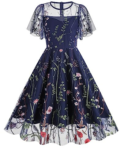 Women Evening Dresses Audrey Hepburn 1950s Dress Lace Floral Embroidered Cocktail Party Dress Elegant A Line Retro Mesh Dresses Swing Flowy Tea Dress Vintage Rockabilly 50s 60s Dance Gown