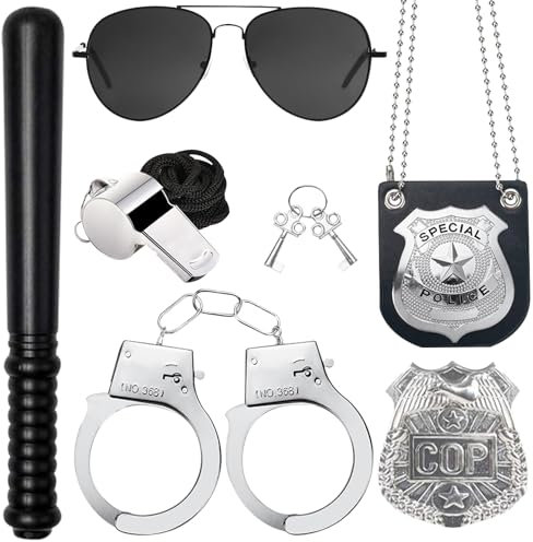 SPHERETRON Polizei Kostüm Zubehör Handschellen Kinder 7 Stück Polizei Zubehör Polizei Handschellen Kinder Polizei AusrüStung Accessoires Polizeikostüm Damen Zubehör für Karneval Polizei Cosplay