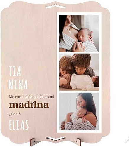 nagu® Marco de Fotos de Madera - Regalos Personalizados - Quieres Ser Mi Madrina - Recuerdos Bautizo para Bebé - Foto 10x15 cm - Soporte para Mesa - Trasera Lisa para Dedicatoria Especial