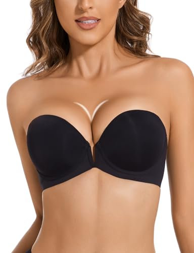 Upushall Strapless Bra Push Up Non Slip Deep V Plunge Underwire Bras for Women Super Padded Add 2 Cups Black 38C, Black Bra, 38C