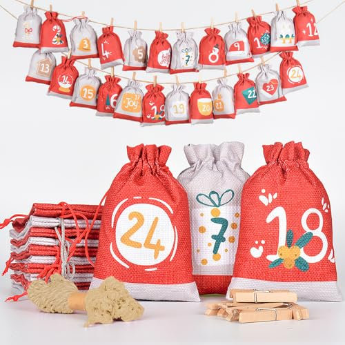 Adventskalender zum Befüllen [24 Stück] Weihnachtskalender 2024 Jutesäckchen 18 x 13cm Groß, Weihnachtsdeko Tüten/Säckchen mit 24 Aufkleber, Geschenktüten Weihnachten mit Zahlen Holzanhänger