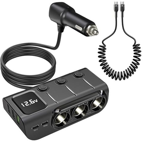 Hoembpn Adaptateur Allume-Cigarette Multiprise 8-en-1 Chargeur de Voiture 120W avec 3 Prises 5 Ports USB PD, Répartiteur Allume Cigarette 12V/24V avec Interrupteur Voltmètre LED, Câble USB C