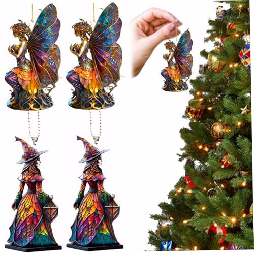 4Pcs Christmas Tree Decorations - 2D Fairy & Witch Ornaments, Acrylic Colorful 3.15x0.16 Hanging Pendant for Home, Car Interior, Witchy Decor