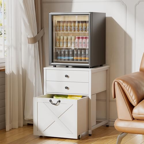Mini-Kühlschranktisch 69CM Höhe Mini-Kühlschrankständer mit 2 Schubladen & 1 Rollschrank 110KG Tragkraft Kühlschrankhalter mit Schrank Getränkekühlschrankständer für Wohnheim,Zuhause,Büro,Schlafzimmer