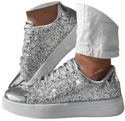 Minetom Damen Pailletten Sneaker Glitzer Schuhe Flache Low Outdoor Laufschuhe Schnürsenkel Walkingschuhe Sportschuhe