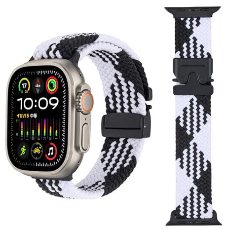 Bdsidy Nylon Cinturino Compatibili con iWatch 10 9 8 7 6 5 4 3, Cinturino di ricambio in Elastici Solo Loop Watchband per iWatch S10 Smart Watch Strap (Nero Bianco, 42mm/44mm/45mm/46mm/49mm)