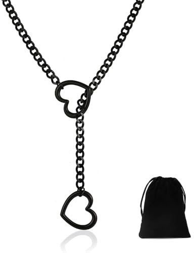Yamobi Women Heart O Ring Punk Rock Necklace Für Frauen, Edelstahl Halskette Mit Zwei Herzen Und Robuster Kubanischer Kette, Lariat Y Kette with Heart Locker