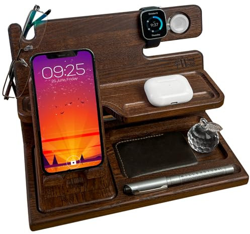 Wood Wedge Holz Dockingstation – Nachttisch & Schreibtisch Organizer mit Handyhalter & Schublade – Geschenk für Männer & Frauen