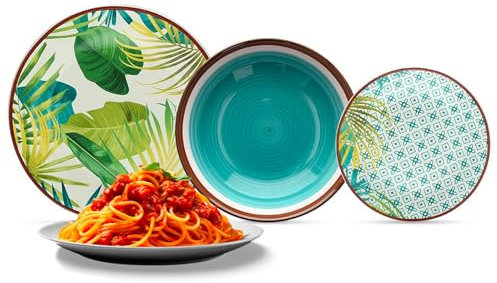 Avilia Servizio da Tavola 18 Piatti in Porcellana Resistente con Design Botanico Tropicale - Ideale per Uso Quotidiano con Piatti Piani, Fondi e da Frutta - Versatili e Lavabili in Lavastoviglie