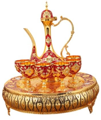 F Fityle European Turkish Coffee Set Beverage Drinkware Turkish Teapot Tea Serving Set Tea Service Set for Holiday Party Decoration, gold and red