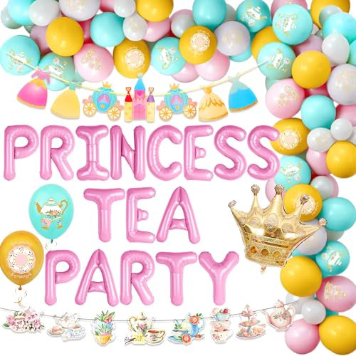 LaVenty Princess Tea Party Decorations Tea Party Decorations Backdrop Balloon Garland Arch Cutout Banner Floral Butterfly Teapot Balloons Princess Banner
