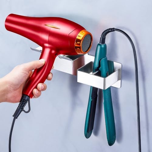 WAYASI Föhnhalter Wand Ohne Bohren, Föhn und Glätteisen Halterung, Fönhalter Wandhalterung, Aufbewahrung Föhn Glätteisen, Selbstklebend Föhnhalterungen, Silber