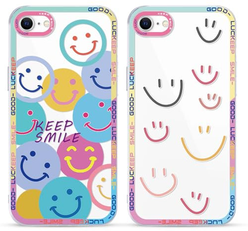 Yoedge 2 Stück Happy Smiley Face HandyHülle für iPhone 16e/SE 4/SE 2025 Hülle 6,1, Transparent Smile Gesicht Niedliches Muster Design Aesthetic Case Schutzhülle für iPhone 16e Mädchen Frauen Cover
