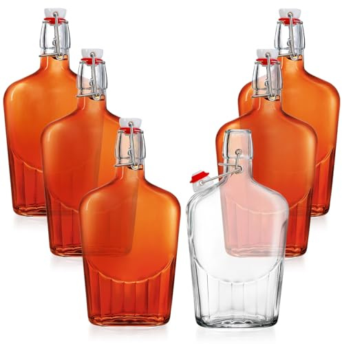 TOPZEA Set of 6 Swing Top Glass Flask, 17 oz Clear Glass Hip Whiskey Flasks with Airtight Stopper Cap, Flip Top Liquor Bottle for Beer, Vanilla Extract, Oil & Vinegar, 2nd Fermentation Brewing Bottle