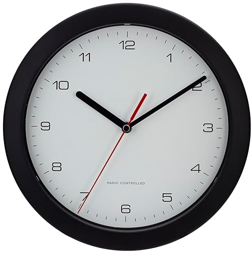 53850-05-Eurotime Funkwanduhr 25 cm, 12 Zahlen Zifferblatt, Kunststoffgehäuse und Kunststoffabdeckung, Zeigersatz schwarz und Sekunde rot