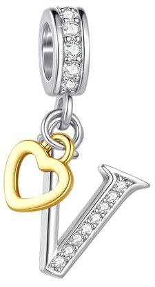FGT Ciondolo bicolore con lettera maiuscola A-Z, in oro rosa, a forma di cuore, compatibile con braccialetti Pandora, da donna, con nome dell'alfabeto, Misura unica, Rame Zirconia cubica, Nessuna