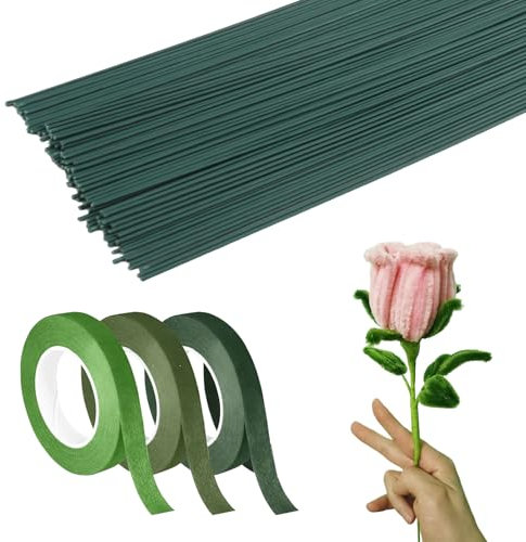 3 Floristenband+100 Basteldraht Grün Set 30cm *2 mm Blumendraht Floristendraht 3 Farben Selbstklebend Blumen Floristik Kreppband Floristenkrepp Dekoration für Bouquet Blumensträuße Kunsthandwerkk