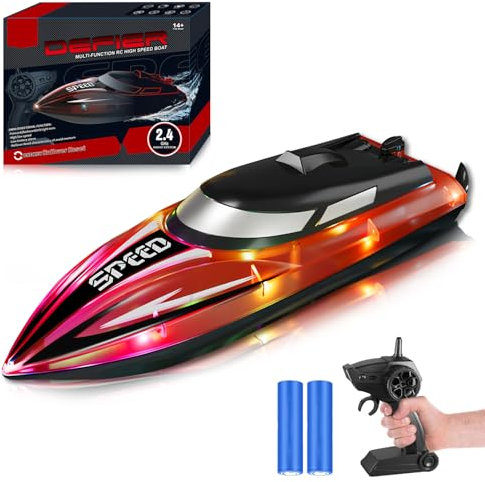 RoserRose Bateau télécommandé, bateau radiocommandé, avec éclairage LED, télécommande 2,4 G, double moteur, étanche et protection anti-basculement, bateau à moteur télécommandé pour enfants, avec 2