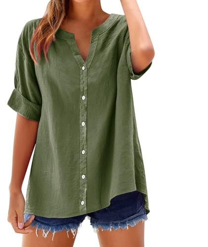 Musselin Bluse Damen Oversized Sale Clearance, Leinenbluse Damen, Sommer Button Down Leinenhemd Oberteile V Ausschnitt Leinenbluse Bluse Baumwolle Hemd Solide Top Große Größen Kleidung
