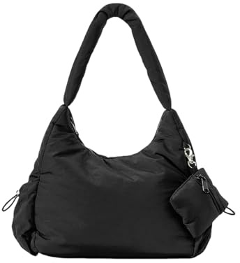 HAUTFENM Schultertasche Damen Casual Hobos Gepolsterte Frauen Umhängetaschen Nylon Puffer Bag Down Cottom Lady Handtaschen Einfacher Kombinationstasche Mit Kleinen Geldbörsen-schwarz