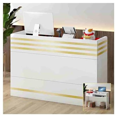 YFAURNDE Rezeptionstheken,Theke for Klinik, Laden-Theke, eeignet for Hotels, Rezeptionstisch mit abschließbarer Schublade,Schönheitssalons, Bekleidungsgeschäfte, Einrichtungsgeschäfte(White Silver ba