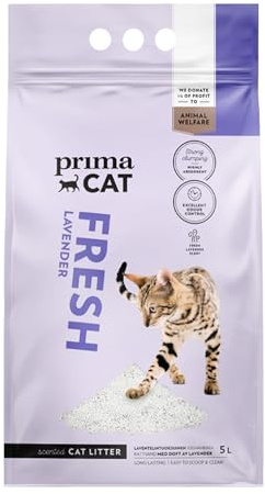 PrimaCat - Katzenstreu mit Lavendelgeruch, stark klumpend, 5 L (4 kg) | 100 % natürlich, weiße Katzenstreu, hochwertiger Kalzium-Bentonit, extra saugstark, leicht zu reinigen, frischer Lavendelduft