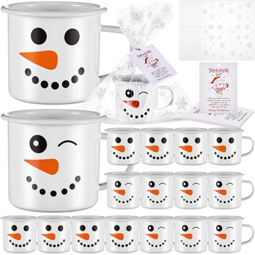 LemonRoad 16Set 11.8OZ Christmas Enamel Mugs Snowman Soup Kits Enamel Coffee Mugs Bulk with Handle with Snowflake Bags Cards Winter Drinking Cups for Hot Cocoa Chocolate Soup