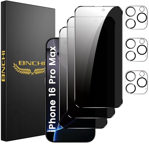 BNCHI 3+3 Pack for iPhone 16 Pro Max Privacy Screen Protector with Camera Lens Protector, Anti-Spy Tempered Glass Film, 9H Hardness, Anti-Scratch, Touch Sensitive