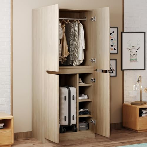 Wiuzo Kleiderschrank 70 × 40 × 170 cm, Doppeltür-Design mit kleinem Staufach (Holzfarbe)