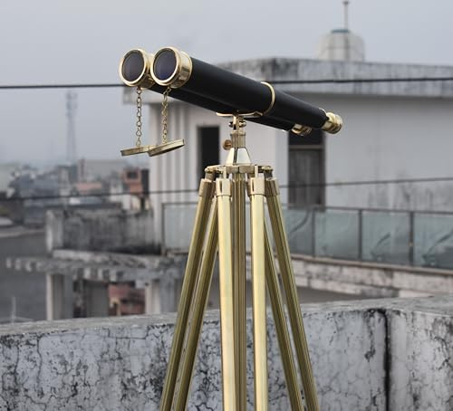 Decorative Brass Binoculars with Tripod Stand – 18” Vintage Nautical Binocular on 60” Adjustable Stand – Antique Marine Spyglass for Home Décor, Office, Yacht Collector Gift