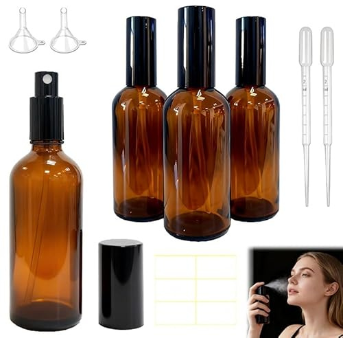 Botella de Spray de Vidrio Ámbar de 100 ml, Pulverizador Pequeño con Nebulizador Fino, para Aceites Esenciales, Aromaterapia, Perfumes, Limpieza, Viajes, Agua, Farmacia y Laboratorio, Pack de 4 Piezas