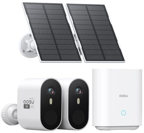 aosu 2K Überwachungskamera Aussen Solar Akku, 32G Lokal, Ohne ABO Nötig | 2 Cam Kit, 166° Weitwinkel, 365 Tage Akku, PIR Personenerkennung, Scheinwerfer, 2-Wege, IP66, für Haus & Garten