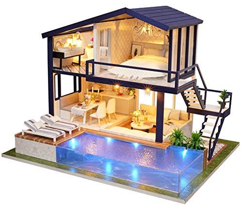 SUPYINI Villa de madera en miniatura con piscina, montaje de casa de muñecas, kit de bricolaje para adultos y adultos