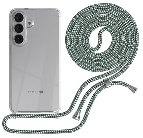EAZY CASE Handykette kompatibel mit Galaxy S26 Plus Handyhülle mit Umhängeband, Handykordel mit Schutzhülle, Silikonhülle, Hülle Band, Stylische Kette Smartphones, Hell Grün Camouflage - Clips Silber