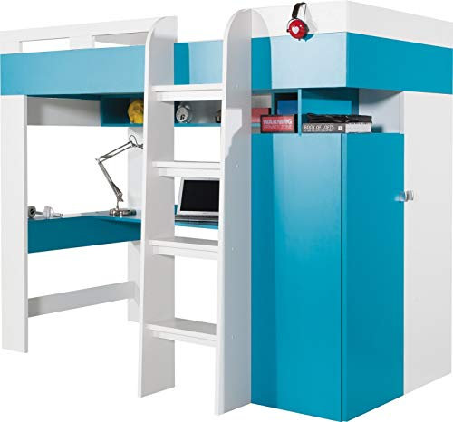 FurnitureByJDM Hochbett/Etagenbett MOBI mit Kleiderschrank, Schreibtisch, Kombination von Regalen und Schubladen - Alles in einem (Ohne Matratze). (Weiß/Türkis)