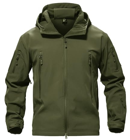 TACVASEN Men Winter Windproof Snow Rain Softshell Parka Jacket Tactical Hoodie Fleece Hunting Pockets Ski Coats Hunting Army Green L