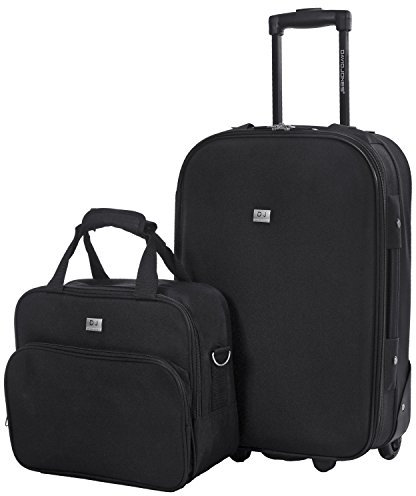 David Jones - Set Valise Cabine Souple Légère + Mallette Vanity - Toile Motif Multicolore - Bagage à Main Avion 55x35x20 - Lot Trolley + Reporter - 2 Roues Fermeture Eclair - Sac Voyage - Noir
