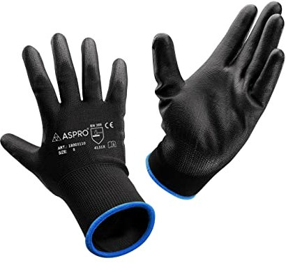 ASPRO Arbeitshandschuhe 10 Paar Größe 8 (M)- Gartenhandschuhe-Schwarze Nylon-Handschuhe mit PU-Beschichtung für Bauarbeiter, Gärtner, Mechaniker, Bauarbeiter, Lagerarbeiter etc.