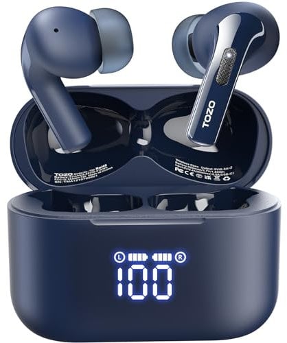 TOZO T20 Auriculares inalámbricos Bluetooth 5.3 con ENC Llamada LED Pantalla ORIGX 2.0 Acústico EQ Ajuste 48.5H Reproducción Soporta Carga Inalámbrica y USB Tipo C IPX8 Azul