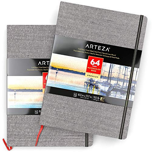 Arteza Aquarellbuch 21cm x 29.7cm, 2er-Pack mit jeweils 64 Seiten, 230g/m² kaltgepresstes säurefreies Aquarellpapier, gebunden in Leineneinband, für Aquarelltechniken und Mischtechnik