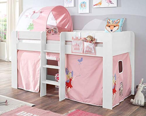 Froschkönig24 Hochbett ANDI 2 Kinderbett Spielbett halbhohes Bett Weiß Stoffset Prinzessin, Matratze:mit