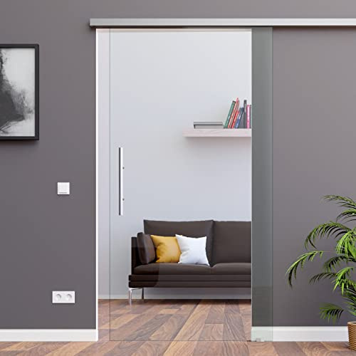 Schiebetürsystem ESG Dekor Klarglas C-Alu mit 30mm Wandabstand (900 x 2050 mm, Soft-Stop Slimline Alu-Schinensystem mit Griffstange 420mm rund Wandseite Flach)