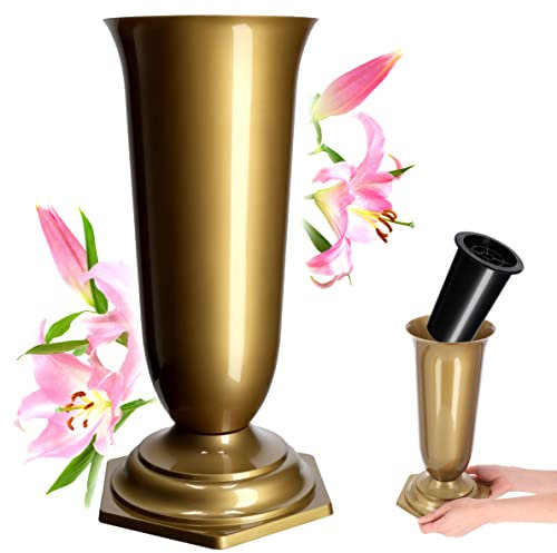 KADAX Vase Funéraire en Plastique pour Fleurs, Résistant aux Intempéries et au Gel, pour Cimetière et Tombe (15,5 cm, Doré)