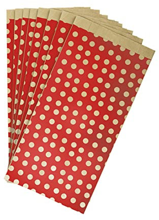 Clairefontaine 394110C - Un Sachet De 50 Pochettes Kraft - 16x30+5cm - Motif : Pois Sur Fond Rouge - Idéal Pour : Confiseries, Bonbons, Livre, Bijoux, Emballage Cadeaux, Pochette cadeau Kraft