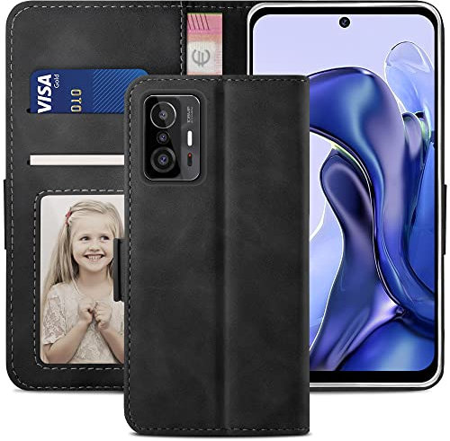 YATWIN Handyhülle für Xiaomi Mi 11T 5G Hülle, Klapphülle Xiaomi Mi 11T Pro 5G Premium Leder Brieftasche Schutzhülle [Kartenfach] [Magnet] [Stand] Handytasche Case für Xiaomi 11T/11T Pro, Schwarz