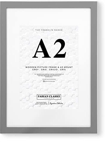 Fabian Clarke London A2 Grey Picture Frame with White A3 Mount, Fits Poster, Photo, Print, or Certificate with Safety Glass Hang on Wall in Portrait or Landscape
