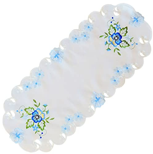 matches21 HOME & HOBBY Tischdecke Elke 40 x 90 cm oval edle Stickerei mit blauen Stiefmütterchen & Cutwork aus Polyester