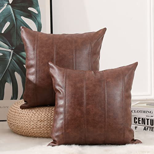 Yaertun 2 Set Kunstleder Kissenbezug 50x50 cm Gestreift Sofakissen Dekorative Kissenhülle Lederoptik Leder Bezug Couchkissen für Sofa Schlafzimmer Kissenbezüge Kissen Dunkelbraun