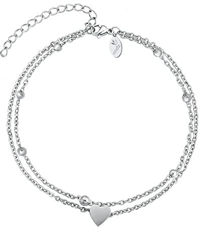 VICKWOOD Fußkettchen Edelstahl Layer Silber/Gold/Rose Gold 18K vergoldete von 21 cm / 23 cm / 25 cm bis 30 cm verstellbar nickelfrei für Frauen (Layer-Herz-Silber)