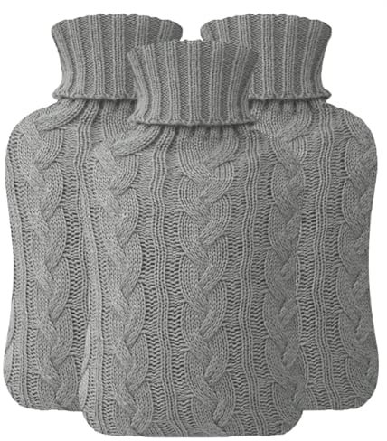Pack of 3 2L Hot Water Bottle with Cover UK - Natural Rubber 2 Litre Hot Water Bottle - Perfect Hot Water Bag for Pain Relief, Hand Feet Warmer and Cold Compress (Cream Bottles x3 Grey Covers)